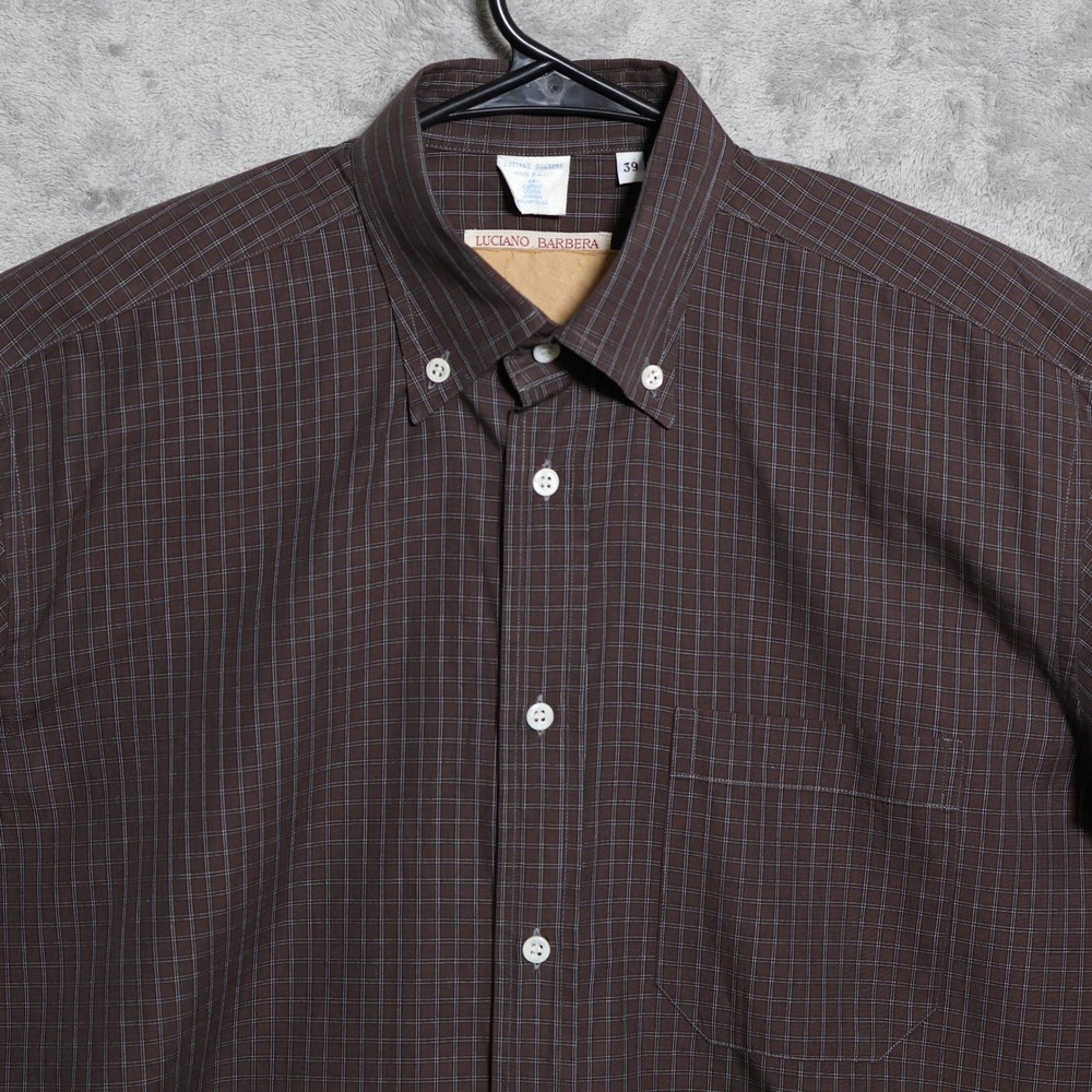 Luciano Barbera Shirt Mens Medium Brown Plaid Long Sleeve Dress Preppy Italy